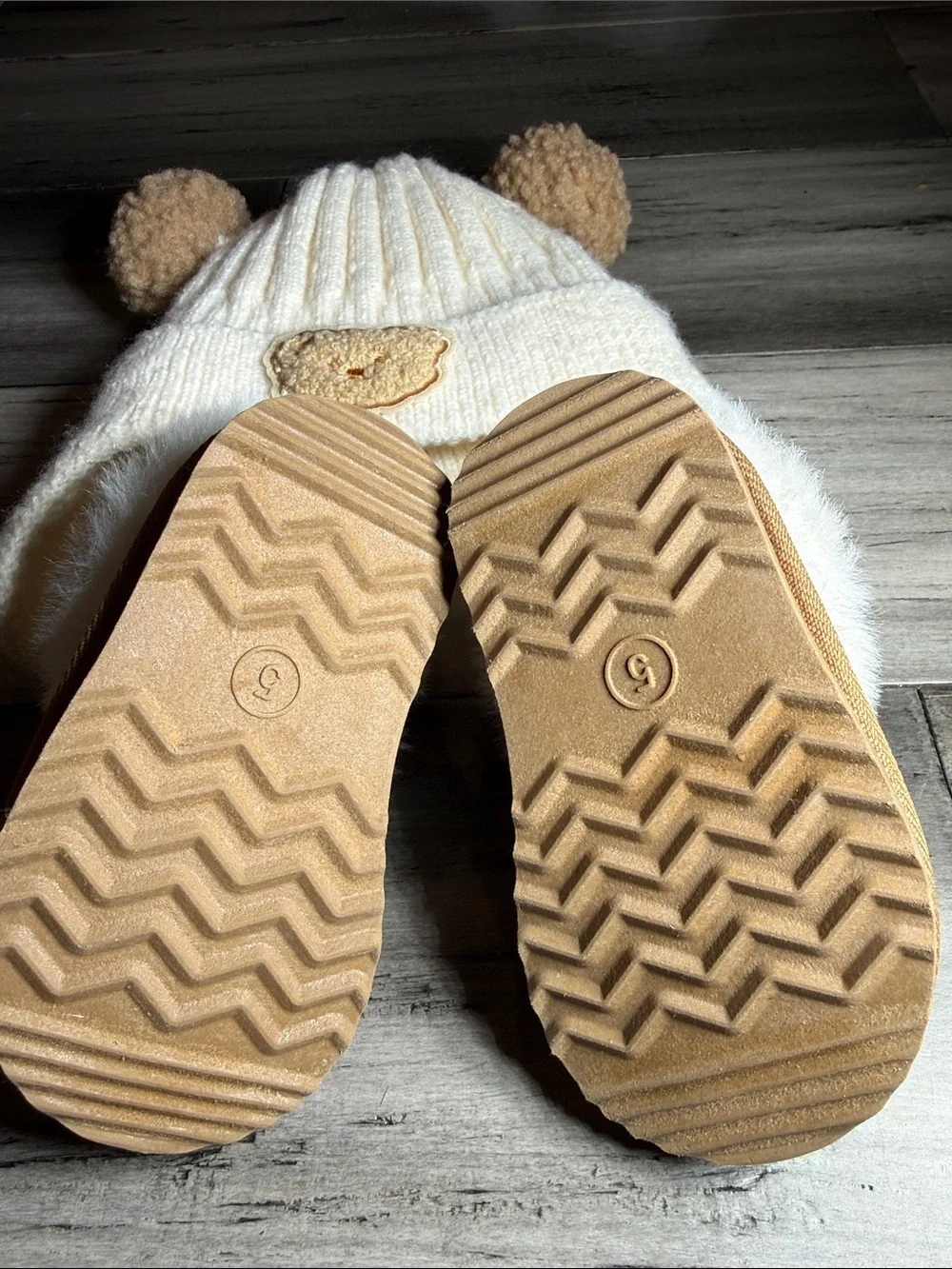 Kids Cream Bear Hat and Tan Fur-Lined Booties Set